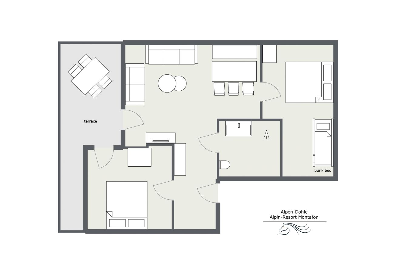 Ferienwohnung in Gargellen - Zwei-Schlafzimmer-Apartment mit zwei Doppelbetten und einem Etagenbett 